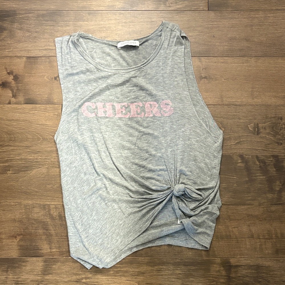 Daydreamer Gray and Pink 'Cheers' Knot-Front Muscle Tee